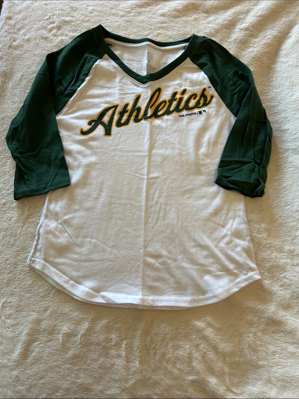 Athletics Raglan 3/4 Sleeve Tee in White and Dark Green